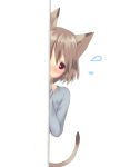  1girl animal_ears blush brown_hair cat_ears cat_tail copyright_request flying_sweatdrops highres looking_at_viewer majima_yuki peeking_out red_eyes short_hair simple_background solo tail white_background 