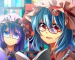  2girls bespectacled blue_hair book bookshelf fuuna_(conclusion) glasses hat long_hair multiple_girls open_mouth patchouli_knowledge purple-framed_glasses purple_eyes purple_hair red-framed_glasses red_eyes remilia_scarlet short_hair smile touhou violet_eyes 