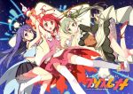  3girls :d ahoge asagi_asuka bare_shoulders blue_eyes blue_hair criss-cross_halter dress fire green_eyes green_hair halter_top halterneck high_heels highres kantoku long_hair looking_at_viewer magical_suite_prism_nana multiple_girls open_mouth oribe_kotone pleated_skirt pointing pointing_up red_eyes red_hair redhead shoes short_hair side_ponytail skirt smile star thigh-highs thighhighs two_side_up washioka_itaru white_legwear 