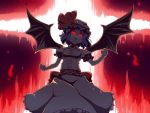  1girl bat_wings blue_hair cross dress frown glowing glowing_eyes hat mintmochi_(artist) open_mouth red_eyes remilia_scarlet ribbon solo touhou wings 