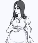  1girl alice:_madness_returns alice_(wonderland) alice_in_wonderland american_mcgee&#039;s_alice american_mcgee's_alice apron bb_(baalbuddy) black_hair breasts dress hand_on_stomach jewelry long_hair monochrome necklace omega_symbol pregnant sketch solo sweatdrop 