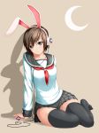  1girl animal_ears arm_support ayase_tamaki black_legwear blush brown_eyes brown_hair bunny bunny_ears copyright_request crescent_moon digital_media_player fake_animal_ears female headphones highres looking_at_viewer moon plaid_skirt rabbit rabbit_ears school_uniform serafuku shade shadow short_hair simple_background sitting skirt smile solo thighhighs yokozuwari zettai_ryouiki 