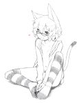  1girl animal_ears cat_ears cat_tail feet flat_chest glasses hands_on_feet heart majima_yuki monochrome no_shoes open_clothes open_shirt original panties short_hair simple_background smile solo striped striped_legwear tail thighhighs underwear white_background 