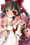  1girl black_hair blush bow detached_sleeves dress gloves grey_eyes hair_bow hair_tubes hakurei_reimu happy_new_year highres long_sleeves looking_at_viewer open_mouth ponytail red_dress scarf solo touhou translated wide_sleeves winter yana_mori 