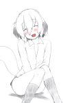  1girl animal_ears blush flat_chest majima_yuki monochrome open_mouth original simple_background smile solo tail white_background 