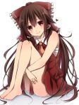  1girl ascot bad_feet bare_shoulders bow brown_hair hair_bow hair_tubes hakurei_reimu heart leg_hug long_hair red_eyes ribbon sitting sleeveless smile solo touhou yamasuta 