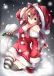  1girl animal_ears bell brown_hair cat_ears cat_tail chabaneko g-clef green_eyes hair_ornament hairpin hat headphones highres kneeling original ribbon sack santa_costume santa_hat snowing striped striped_legwear tail tail_bell tail_ribbon thigh-highs thighhighs yonari_phone_neon 