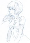  1girl artist_request ayanami_rei bodysuit hair_ornament hand_on_another&#039;s_face hand_on_another's_face mogeco neon_genesis_evangelion plugsuit short_hair sketch solo 