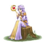  blue_eyes circlet dress fire_emblem fire_emblem:_thracia_776 jewelry long_hair lowres purple_hair sara_(fire_emblem) sitting skynight9 solo stump tree_stump very_long_hair wand wavy_hair 