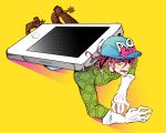  1boy apple_inc. blonde_hair boots diego_brando fangs gloves hat icoico iphone jojo_no_kimyou_na_bouken phone pink_hair smartphone solo spurs steel_ball_run 