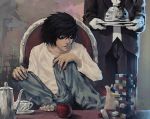  2boys apple bags_under_eyes barefoot black_hair chair death_note food formal fruit gloves jenga l long_sleeves love1an male mouth_hold multiple_boys sitting suit teapot tray watari 