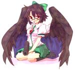  1girl alternate_hair_length alternate_hairstyle arm_cannon bespectacled black_hair black_wings bow brown_eyes cape fang furorida glasses hair_bow highres looking_at_viewer open_mouth puffy_sleeves reiuji_utsuho shirt short_hair short_sleeves sitting skirt solo third_eye touhou weapon wings 