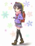  :o absurdres backpack bag black_hair black_legwear blush boots casual food gotou_hisashi hair_bobbles hair_ornament hat heart highres kitashirakawa_anko long_hair looking_at_viewer mochi randoseru recorder_case scarf school_hat side_ponytail skirt solo tamako_market thighhighs wagashi yellow_eyes zettai_ryouiki 