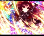  1girl :o arm_up chibi colorful danmaku dearoliha dress gradient_hair highres hijiri_byakuren juliet_sleeves letterboxed light_particles light_trail long_hair long_sleeves looking_at_viewer multicolored_hair outstretched_arm puffy_sleeves purple_eyes scroll solo star touhou violet_eyes 