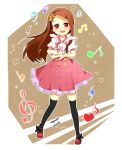  1girl :d brown_eyes brown_hair buttons dress flower frills hair_ornament heart idolmaster idolmaster_2 long_hair mary_janes minase_iori mouth musical_note open open_mouth plush rabbit red_eyes shoes smile thigh-highs 
