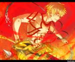 1boy blonde_hair chain chains ea_(fate/stay_night) earrings fate/hollow_ataraxia fate_(series) gilgamesh jewelry jinnai_tsukasa necklace red_eyes shirtless solo tattoo weapon 