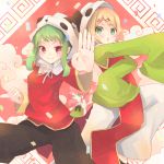  3girls animal_hat animal_hoodie blonde_hair blowing_bubbles bubble_gum bubblegum chinese_clothes clenched_hand fighting_pose fighting_stance green_eyes green_hair grin gumi hair_ornament hairclip hat kagamine_rin looking_at_viewer multiple_girls nanashina panda_hat panda_hoodie payot red_eyes red_hair redhead short_hair sleeves_past_wrists smile vocaloid yie_ar_fan_club_(vocaloid) 