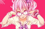  1girl bespectacled blush bow bracelet buttons glasses hato_haru highres idolmaster idolmaster_cinderella_girls jewelry jougasaki_mika looking_at_viewer necklace open_mouth pink_hair short_hair side_ponytail smile solo wristband yellow_eyes 