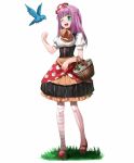  1girl basket bird dress erubo green_eyes long_hair mary_janes mismatched_legwear mushroom original pink_hair shoes simple_background smile striped striped_legwear vertical-striped_legwear vertical_stripes white_background 