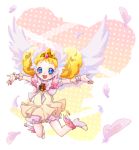  1girl angel_wings blonde_hair bloomers blue_eyes brooch candy_(smile_precure!) choker double_bun earrings feathers jewelry kamabo_ko outstretched_arms personification polka_dot polka_dot_background precure royal_candy shoes short_hair skirt smile smile_precure! solo spread_arms tiara wings wrist_cuffs 