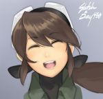  1girl ^_^ bow brown_hair closed_eyes eu03 eyes_closed face goggles goggles_on_head hair_bow happy long_hair original plume_(junkpuyo) ponytail smile solo 