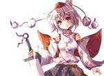  1girl animal_ears bare_shoulders detached_sleeves hat head_tilt highres inubashiri_momiji red_eyes short_hair silver_hair simple_background smile solo sword tokin_hat touhou velia weapon white_background wolf_ears 