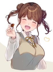  1girl ^_^ ^o^ blush breasts brown_hair chocolate closed_eyes cropped_torso double_bun eyebrows_visible_through_hair food heart heart_print highres holding holding_chocolate holding_food idolmaster idolmaster_shiny_colors large_breasts neck_ribbon nihe_p ribbon school_uniform shirt simple_background smile solo sonoda_chiyoko twintails two-tone_background upper_body vest white_shirt 