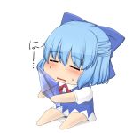  barefoot blue_hair chibi cirno drooling highres hot ice kitsunerider solo sweat touhou 