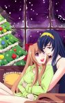  2girls :d artist_name blonde_hair blue_hair bottomless christmas christmas_tree flat_gaze hanning_(kinotaki) himemiya_chikane hug hug_from_behind kannazuki_no_miko kurusugawa_himeko multiple_girls mutual_yuri open_mouth pajamas smile snow snowing watermark web_address window yuri 