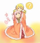  2girls ? blanket blonde_hair drill_hair gozaemon hair_ornament hair_ribbon heart hug hug_from_behind kaname_madoka looking_at_another looking_down looking_up mahou_shoujo_madoka_magica multiple_girls pink_eyes pink_hair ribbon short_hair short_twintails smile tomoe_mami translated translation_request turtleneck twin_drills twintails yellow_eyes yuri 