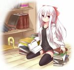  1girl black_legwear blush book bookshelf bow chabaneko female flower hair_bow hair_ornament hoodie long_hair looking_at_viewer original payot pink_eyes reading red_eyes short_shorts shorts sitting solo thigh-highs thighhighs wariza white_hair white_legwear zettai_ryouiki 