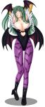  1girl arms_up bat_wings blush boots breasts cleavage demon_girl elbow_gloves full_body gloves green_eyes green_hair large_breasts leotard long_hair morrigan_aensland open_mouth pantyhose print_pantyhose seraphina shadow solo succubus tears vampire_(game) white_background wings 