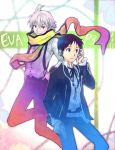  2boys arisato_minato arisato_minato_(cosplay) blue_eyes cosplay headphones highres ikari_shinji ishida_akira ishida_akira_(seiyuu) ks53 mochizuki_ryouji mochizuki_ryouji_(cosplay) multiple_boys nagisa_kaworu neon_genesis_evangelion persona persona_3 red_eyes scarf school_uniform seiyuu_connection short_hair 