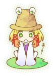  1girl blonde_hair chibi fuuka_(fukasheu) green_eyes hat lily_pad moriya_suwako solo touhou 