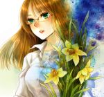  1girl brown_hair bust daffodil flower glasses green_eyes lips long_hair mitsu7621 original plant 