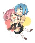  2girls :d :o ^_^ black_legwear blue_eyes blue_hair blush carrying chibi closed_eyes dddoochi1 eyes_closed hair_ornament hair_ribbon hairclip juliet_sleeves kaname_madoka loafers long_sleeves mahou_shoujo_madoka_magica miki_sayaka multiple_girls open_mouth pink_hair plaid plaid_skirt princess_carry puffy_sleeves ribbon school_uniform shoes short_hair short_twintails skirt smile socks thigh-highs thighhighs twintails white_legwear zettai_ryouiki 