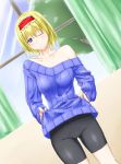  1girl alice_margatroid bike_shorts blonde_hair blue_eyes bow hair_bow hairband highres niwatazumi off_shoulder ribbed_sweater short_hair smile solo sweater touhou wink 