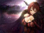  argyle breasts cape cleavage hairband highres horns huge_breasts maou_(maoyuu) maoyuu_maou_yuusha red_eyes red_hair redhead solo town zhang_xiao_bo 
