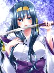  1girl blue_hair hairband harunonanashiki himemiya_chikane kannazuki_no_miko licking long_hair solo sword weapon 