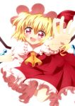  1girl ascot blonde_hair blush fangs flandre_scarlet haiiro_(immature) hat hat_ribbon open_mouth outstretched_arm outstretched_hand red_eyes ribbon short_hair side_ponytail simple_background skirt skirt_set solo touhou white_background wings 