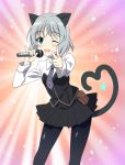  1girl ;d animal_ears black_legwear blush cat_ears cat_tail green_eyes grey_hair heart heart_tail kyougoku_shin microphone open_mouth pantyhose pointing pointing_at_viewer sanya_v_litvyak short_hair skirt smile solo strike_witches tail wink 