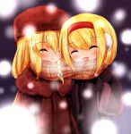  2girls alice_margatroid blonde_hair blush bow braid chibi coat earmuffs gloves hairband hat kirisame_marisa long_hair mittens multiple_girls scarf scarlet_0915 shared_scarf short_hair smile touhou winter_clothes 