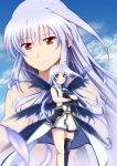  2girls black_legwear blue_eyes blush book book_of_the_azure_sky cloud clouds feathers fingerless_gloves gloves hair_ribbon highres inoshira long_hair lyrical_nanoha mahou_shoujo_lyrical_nanoha mahou_shoujo_lyrical_nanoha_a&#039;s mahou_shoujo_lyrical_nanoha_a's mahou_shoujo_lyrical_nanoha_strikers multiple_girls multiple_wings nude projected_inset red_eyes reinforce reinforce_zwei ribbon silver_hair single_thighhigh sky smile thigh-highs thighhighs wings 