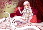 bed bed_sheet bedroom blush breasts china_dress chinese_clothes cleavage dress flower gloves hair_ornament highres kiseru lamia long_hair looking_at_viewer midnight_(artist) monster_girl original pillow pink_hair pipe pointy_ears red_eyes smile smoke smoking solo tail white_gloves 