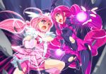  2girls bad_end_happy bad_end_precure bat_wings battle bike_shorts blush bodysuit cure_happy dark_persona debris dress earrings fingerless_gloves frills gloves glowing head_wings heart heart_hands hoshizora_miyuki jewelry long_hair magical_girl mtu multiple_girls open_mouth pink_eyes pink_hair precure skirt smile_precure! tiara torn_clothes twintails very_long_hair wings 