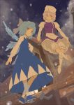  2girls bloomers blue_dress blue_eyes bokaa_(exploration) bow cirno dress hair_bow hand_on_hip hat ice ice_wings letty_whiterock multiple_girls purple_hair rooftop short_hair sitting skirt smile snow snowing socks touhou wings 