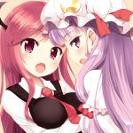  2girls between_breasts blush breasts bust crescent fang frills hat hat_ornament hat_ribbon head_wings koakuma komone_ushio long_hair looking_at_viewer multiple_girls necktie necktie_between_breasts open_mouth patchouli_knowledge profile purple_eyes purple_hair red_eyes red_hair redhead ribbon simple_background smile touhou violet_eyes 