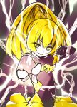  1girl bad_end_peace bad_end_precure blonde_hair bodysuit dark_persona electricity errant fingerless_gloves gloves long_hair precure skirt smile smile_precure! solo v yellow_eyes 