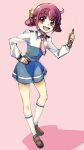  1girl hand_on_hip hoshizora_miyuki kneehighs kurocchirokko looking_at_viewer necktie open_mouth pink_background pink_eyes pink_hair precure school_uniform short_hair sile sketch smile_precure! solo 