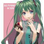  1girl cake character_name detached_sleeves eating food green_eyes green_hair hatsune_miku highres long_hair necktie solo tongue twintails vocaloid yxxxr 